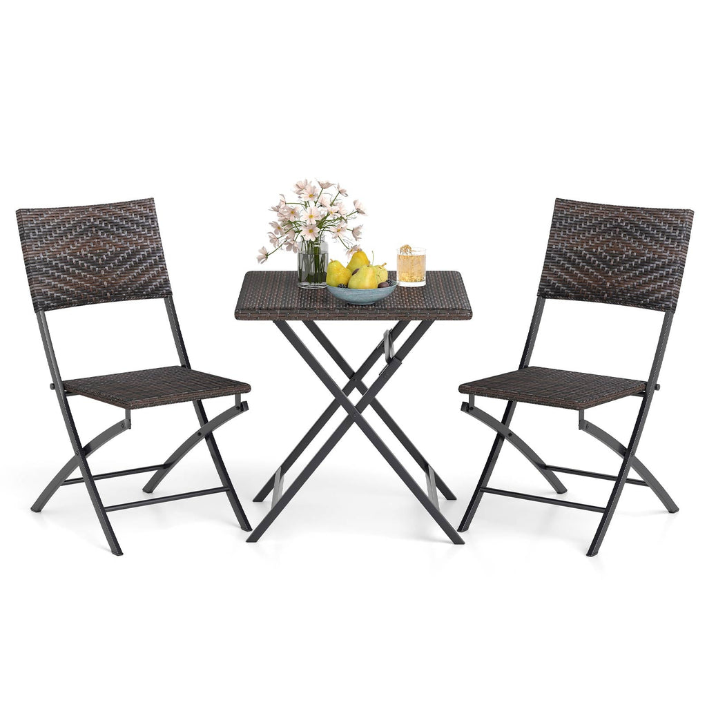 3 Piece Rattan Bistro Set Outdoor Folding Dining Table and Chairs with Wicker Seat