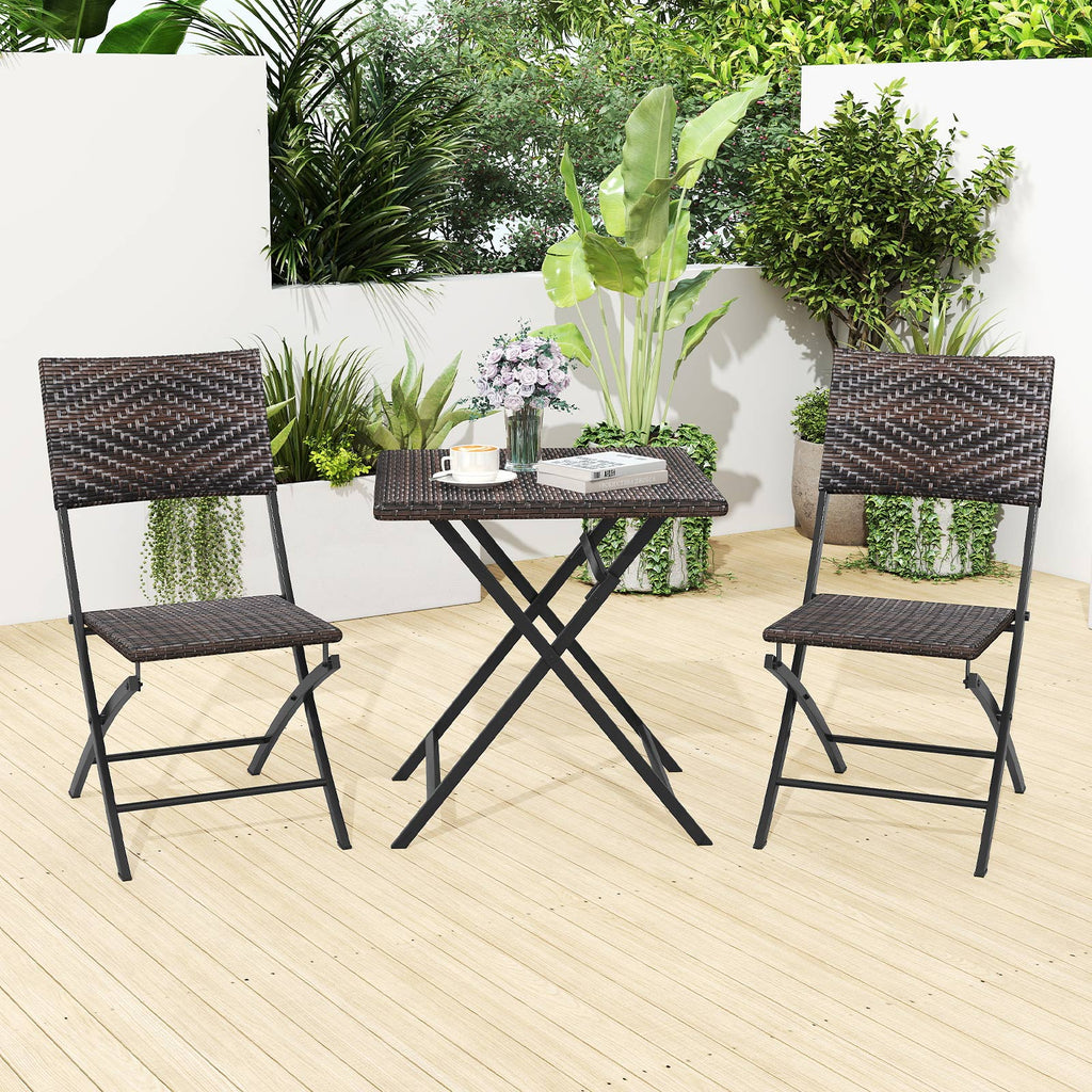 3 Piece Rattan Bistro Set Outdoor Folding Dining Table and Chairs with Wicker Seat