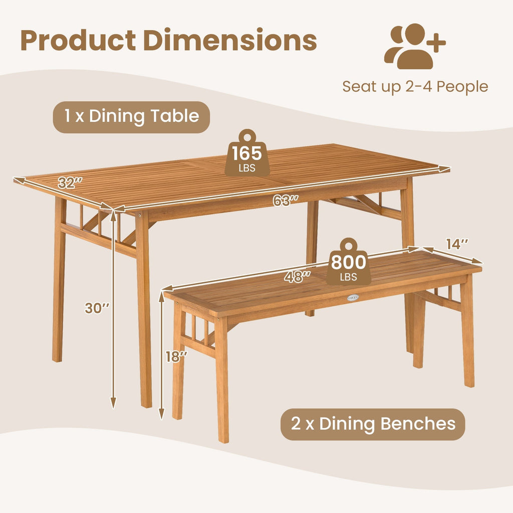 3 Pieces Patio Dining Set Acacia Wood Outdoor Rectangular Picnic Table and 2 Benches