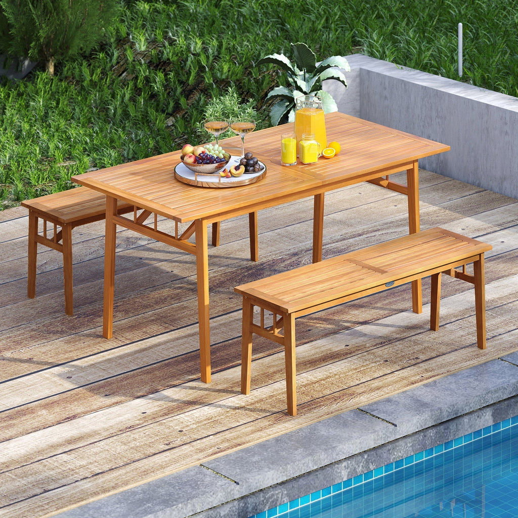 3 Pieces Patio Dining Set Acacia Wood Outdoor Rectangular Picnic Table and 2 Benches