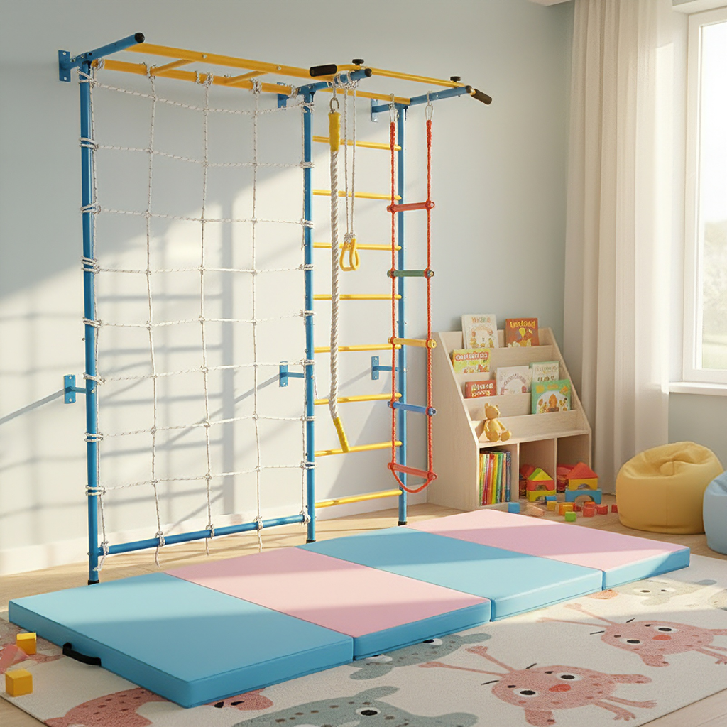 7-in-1 Swedish Ladder with Folding Gymnastics Mat for Solid Wall for Kids