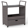 Outdoor Wicker Bar Cart Table with Tempered Glass Top