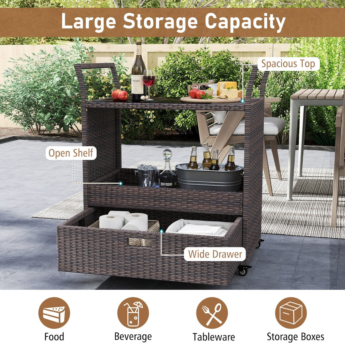 Outdoor Wicker Bar Cart Table with Tempered Glass Top