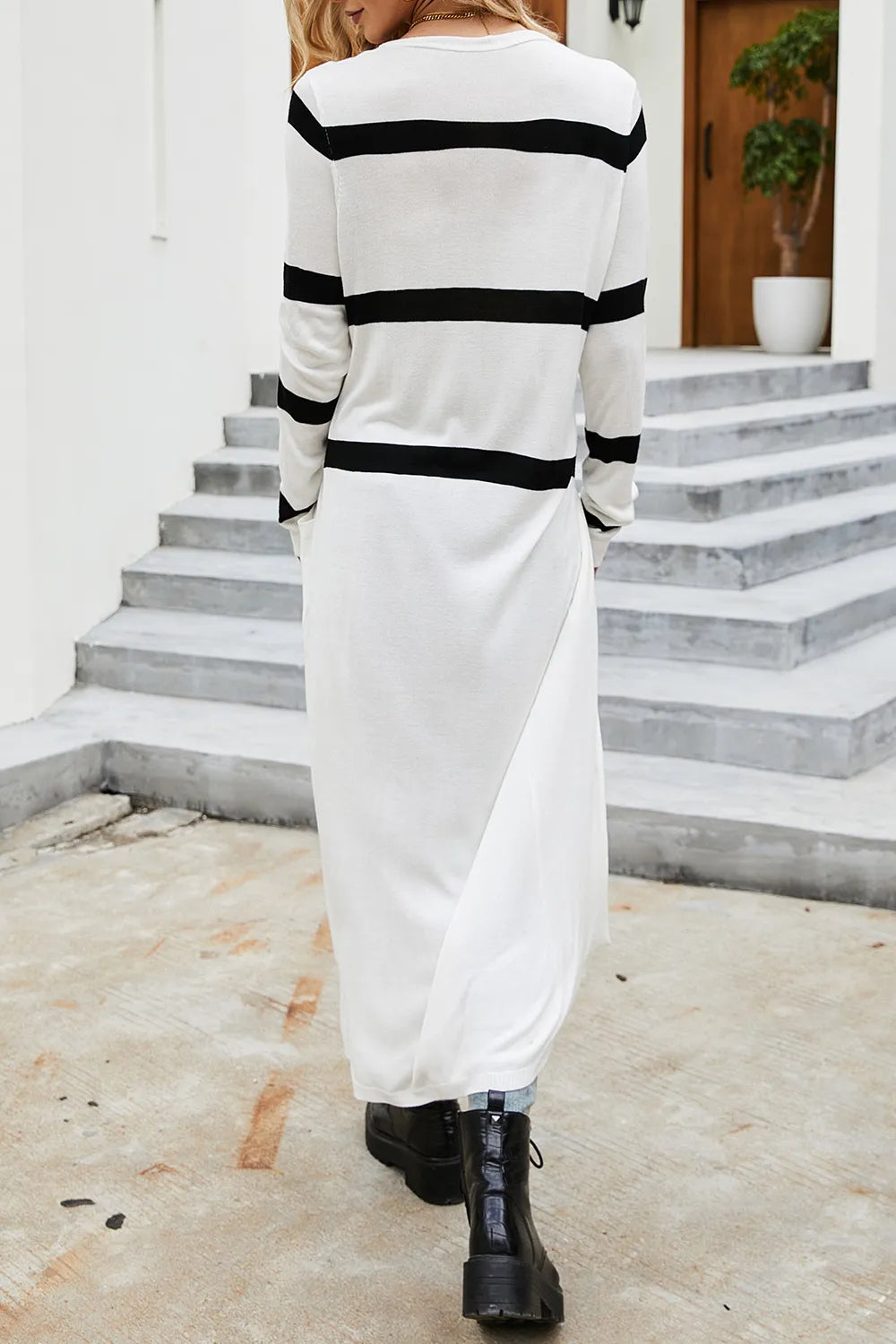 V-neck black and white striped knitted cardigan for women