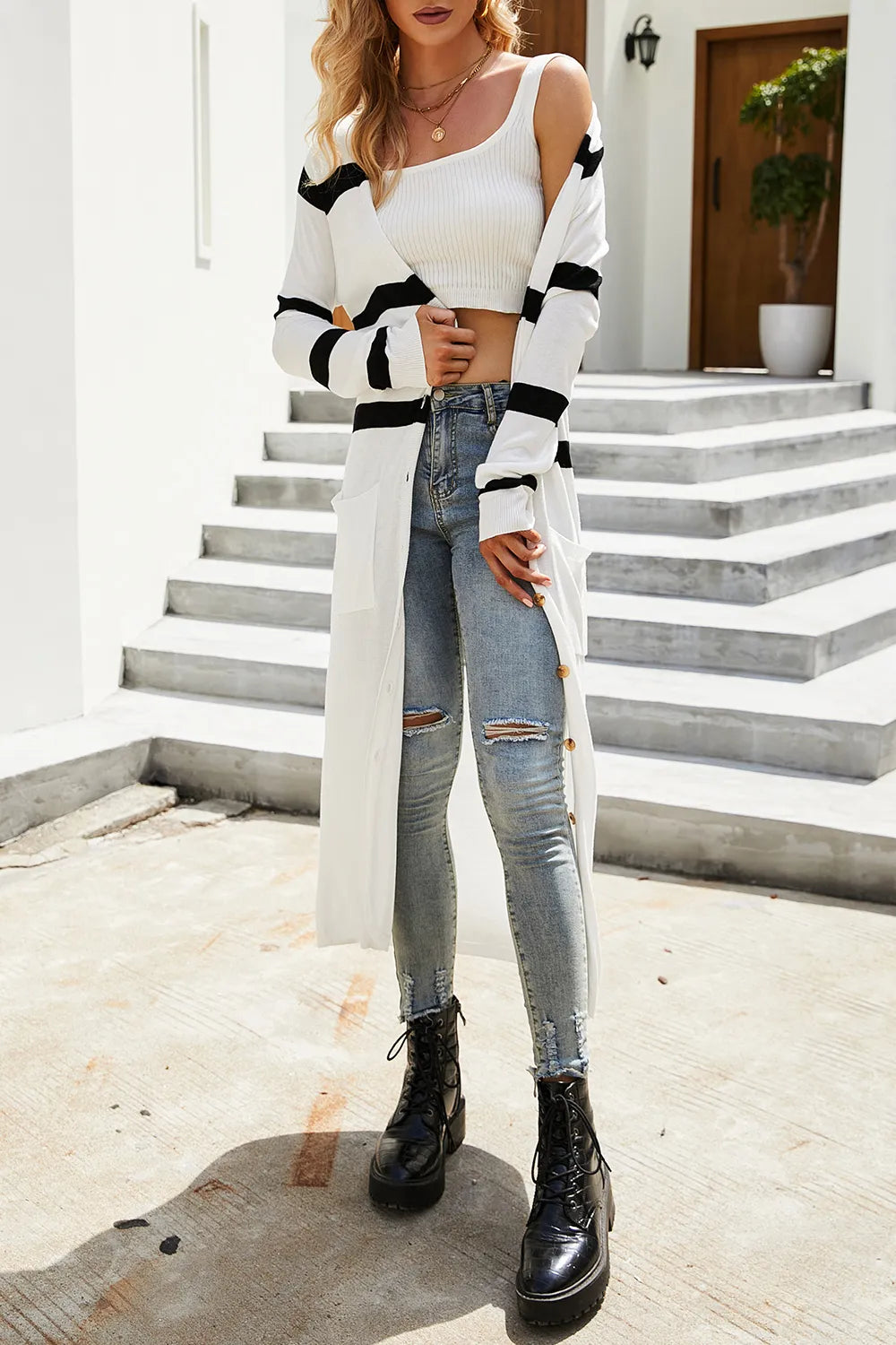 V-neck black and white striped knitted cardigan for women