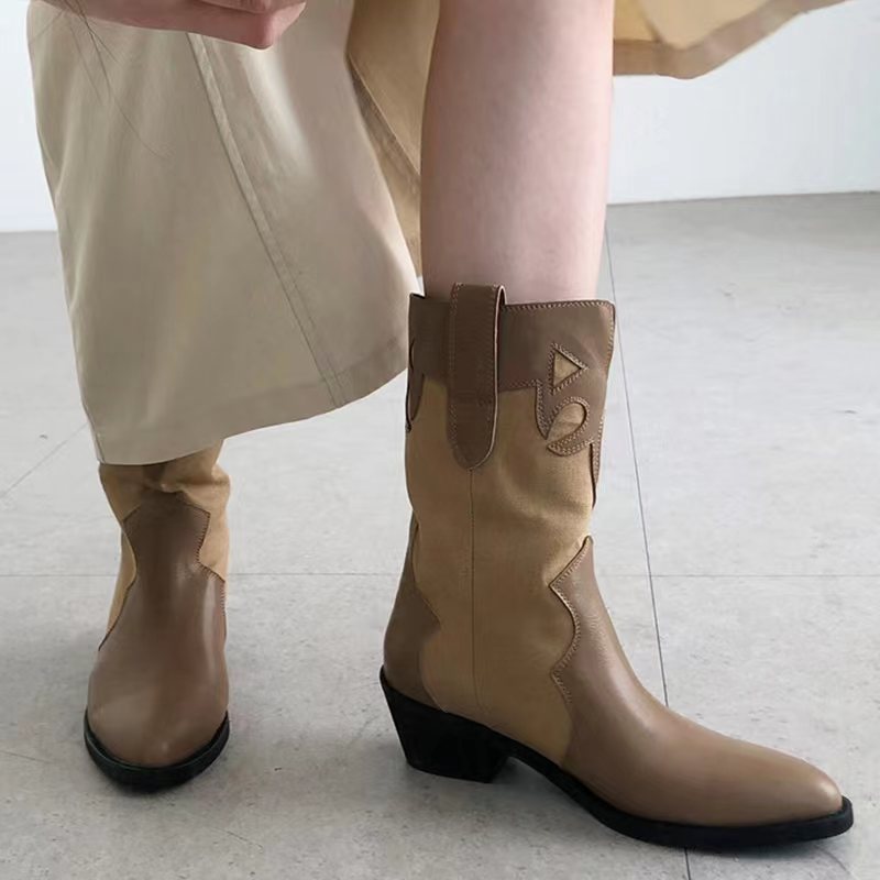Western Cowboy Boots Summer Thin Women's Korean Fashion Splicing Pointed Retro Look Skinny Thick Heel Mid heeled Short Boots