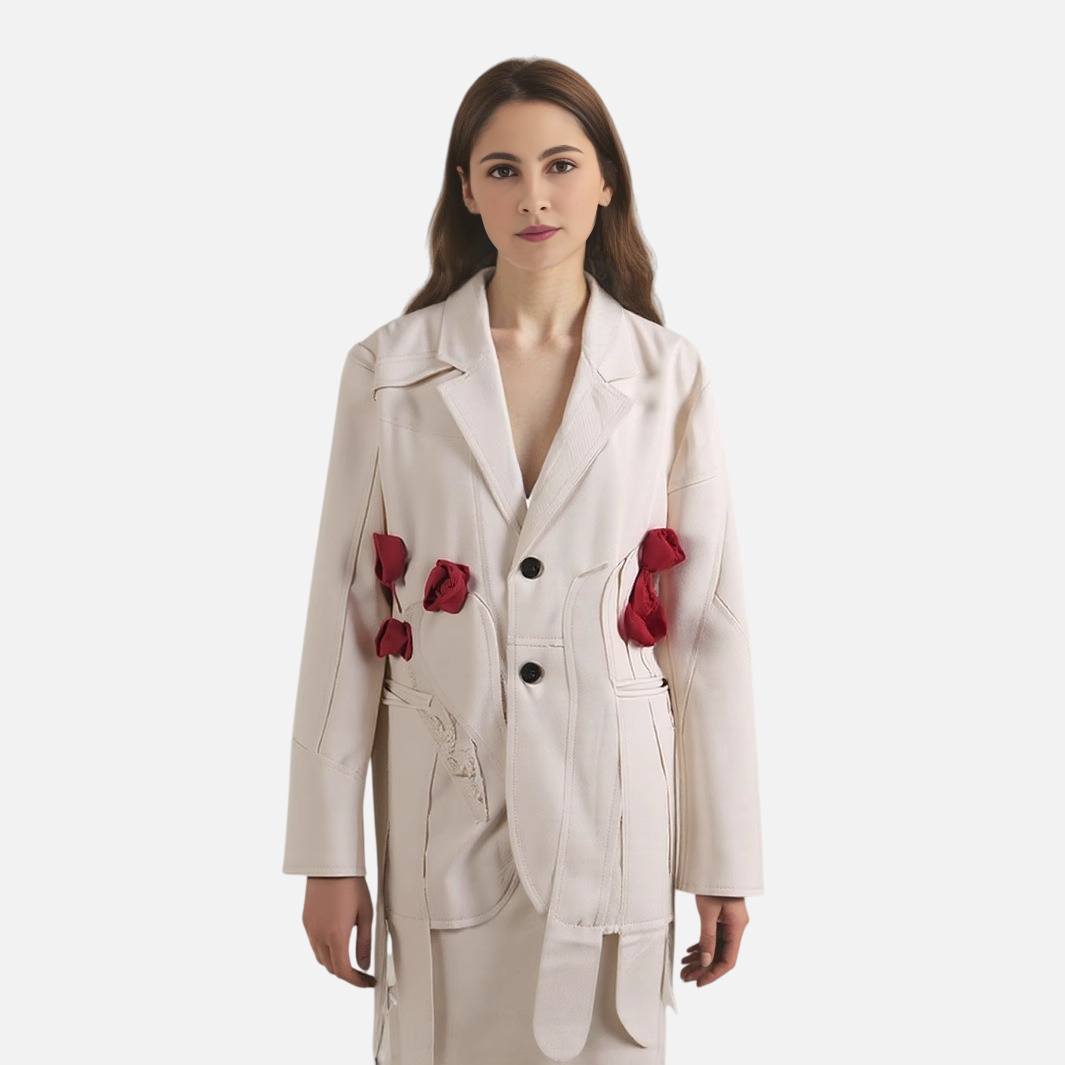 White snow rose three-dimensional flower decoration slim fit two button suit jacket