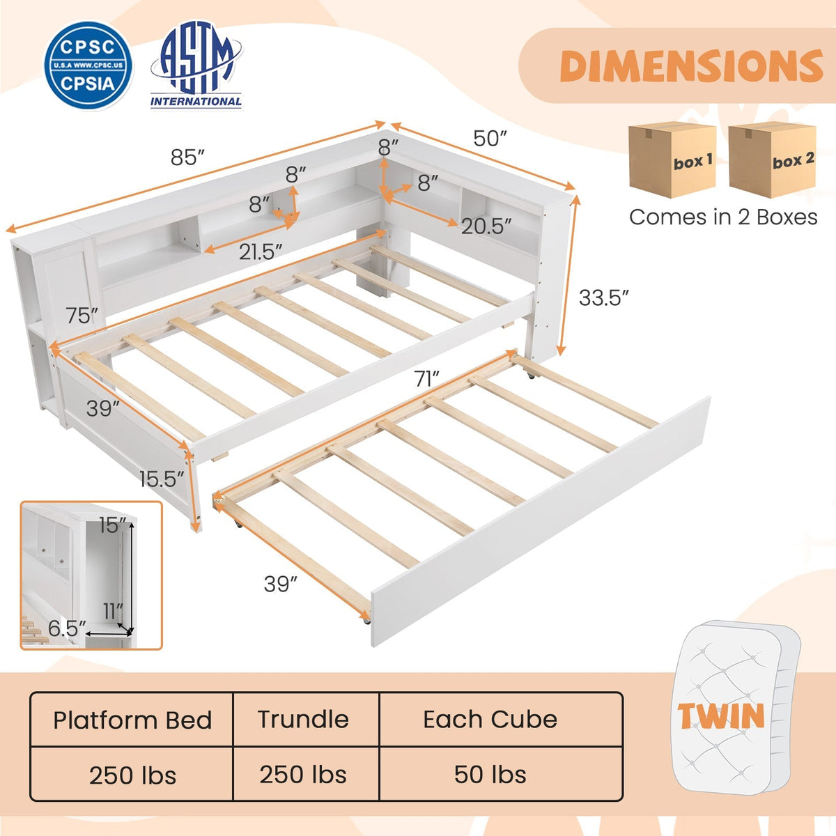 Twin Size Daybed Platform Bed Frame with Trundle and Bedside Shelves-White
