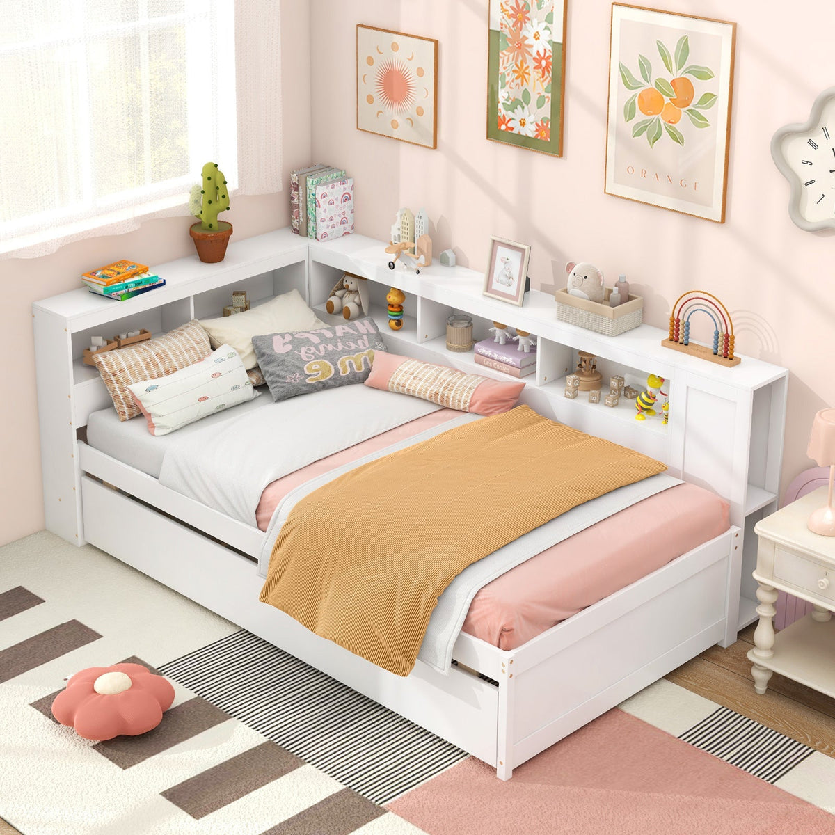 Twin Size Daybed Platform Bed Frame with Trundle and Bedside Shelves-White