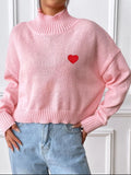 Women's high neck pullover sweater loose heart sticker casual base sweater