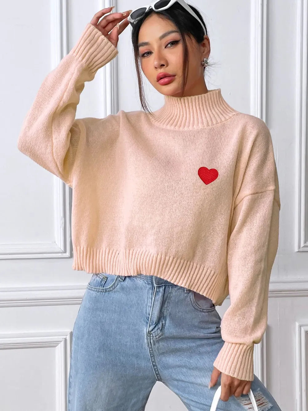 Women's high neck pullover sweater loose heart sticker casual base sweater