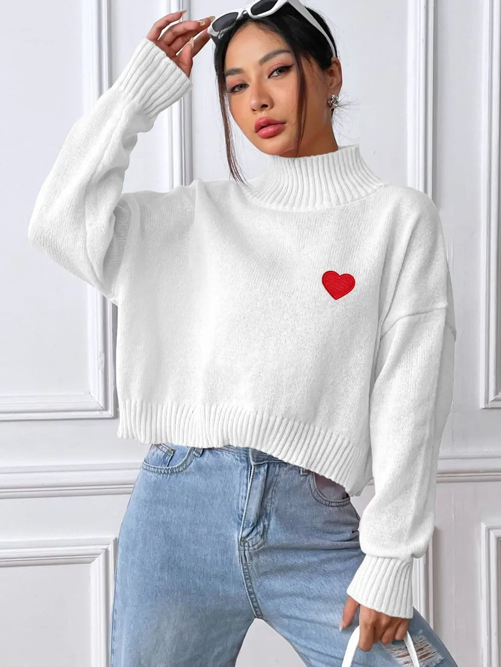 Women's high neck pullover sweater loose heart sticker casual base sweater