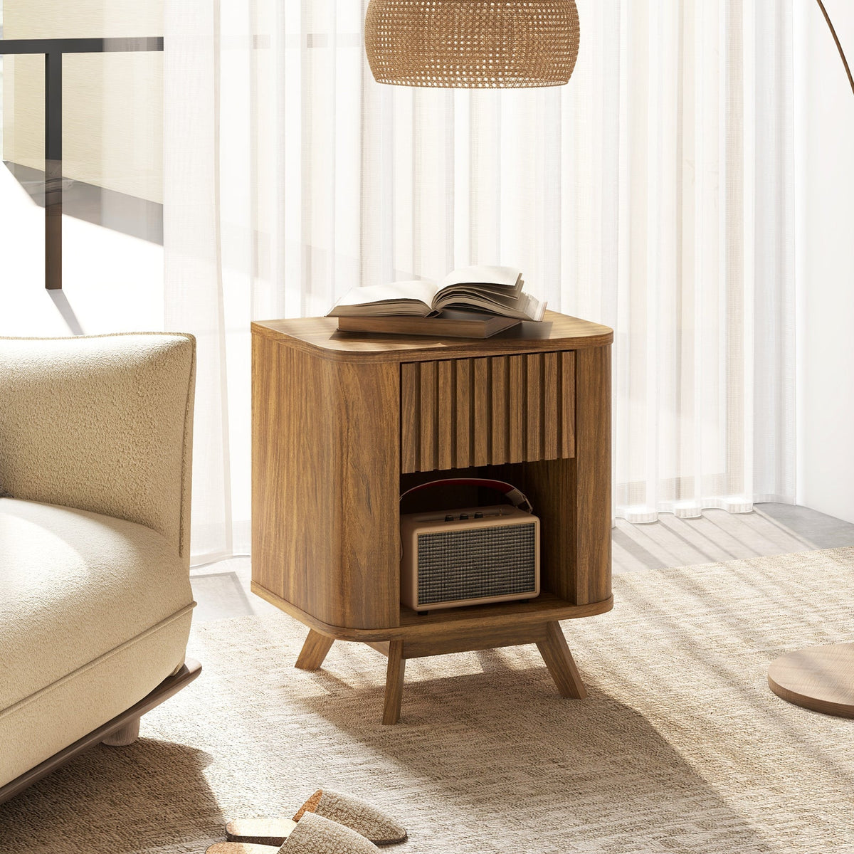 Mid-century Wood Nightstand with Drawer and Open Shelf-Walnut